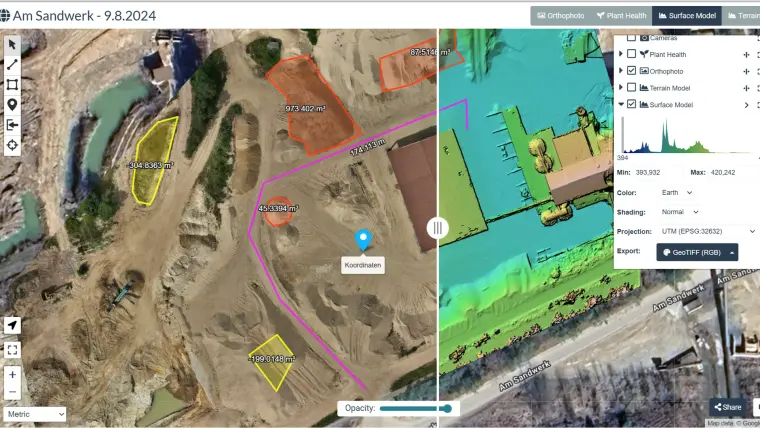 Orthophoto und Höhenmodell einer Abbaufläche in der Vermessungssoftware