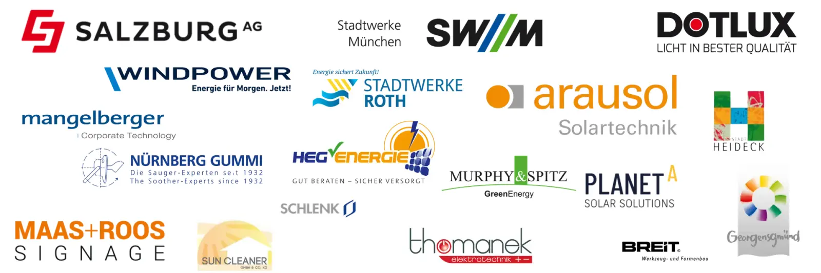 Logos von Kunden der GEO-Drohne, darunter Salzburg AG, SWM, Stadtwerke Roth und DOTLUX